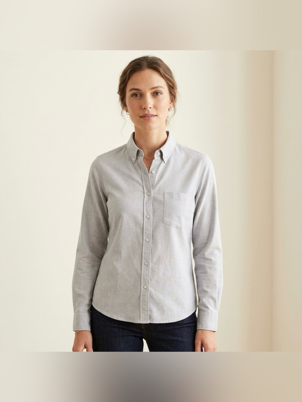 MGWDT Grey Chambray Fitted Long Sleeve Button Up Blouse Womens Size S